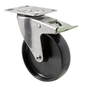 M Series castor, stainless steel, 125mm black nylon wheel, plain bearing, swivel plate, direction lock, 150 kg load