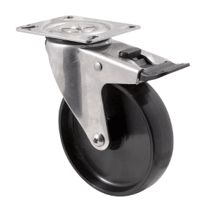 M Series castor, stainless steel, 125mm black nylon wheel, plain bearing, swivel plate, total brake, 150 kg load