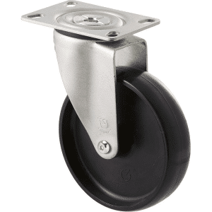M Series castor, 125mm black nylon wheel, plain bearing, zinc fork, swivel plate, black seal & pedal, Chicago screw axle, 150 kg load