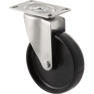 M Series castor, 125mm black nylon wheel, plain bearing, zinc fork, swivel North American (NA) plate, grey seal & pedal, 150 kg load