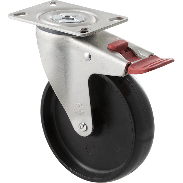 M Series castor, 125mm black nylon wheel, plain bearing, zinc fork, swivel North American (NA) plate, total brake, Chicago screw axle, 150 kg load 1 M Series castor, 125mm black nylon wheel, plain bearing, zinc fork, swivel North American (NA) plate, total brake, Chicago screw axle, 150 kg load