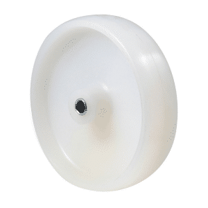M Series, 125mm white nylon wheel, 40mm hub, 12mm bore reduced to 8mm with stainless steel axle bush, 150 kg load capacity