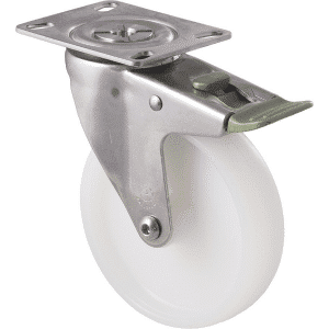 M Series castor, 125mm white nylon wheel, plain bearing, swivel plate, direction lock, stainless steel, 150 kg load