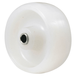 M Series, 75mm white nylon wheel, 40mm hub, 12mm reduced to8mm with hardened steel bush, 150 kg load capacity
