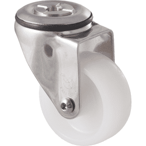 M Series castor, 75mm white nylon wheel, plain bearing, swivel bolt hole, 150 kg load