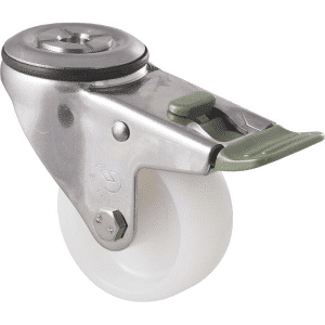M Series castor, 75mm white nylon wheel, plain bearing, swivel bolt hole, direction lock, stainless steel (hex bolt axle) (hex bolt axle), 150 kg load