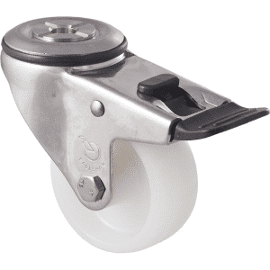 M Series castor, 75mm white nylon wheel, plain bearing, swivel bolt hole, total brake, stainless steel (hex bolt axle), 150 kg load
