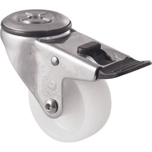 M Series castor, 75mm white nylon wheel, plain bearing, swivel bolt hole, total brake, stainless steel, 150 kg load