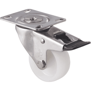 M Series castor, 75mm white nylon wheel, plain bearing, swivel plate, total brake, stainless steel (hex bolt axle), 150 kg load