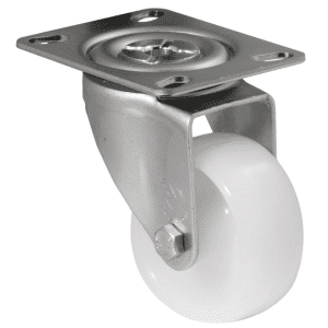 M Series castor, 75mm white nylon wheel, plain bearing, swivel North American (NA) plate, 150 kg load