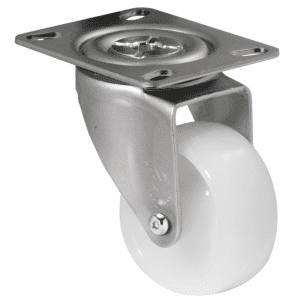 M Series castor, 75mm white nylon wheel, plain bearing, swivel North American (NA) plate, Chicago screw axle, 150 kg load