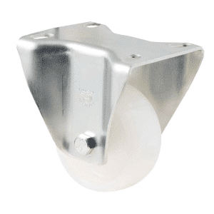 M Series castor, 75mm white nylon wheel, plain bearing, fixed plate, 150 kg load