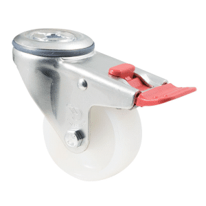 M Series castor, 75mm white nylon wheel, plain bearing, swivel bolt hole, total brake, 150 kg load