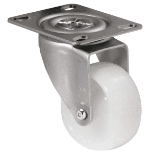 M Series castor, 75mm white nylon wheel, plain bearing, swivel plate, grey seal & pedal, Chicago screw axle, 150 kg load