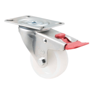 M Series castor, 75mm white nylon wheel, plain bearing, swivel plate, total brake, 150 kg load