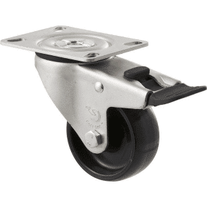 M Series castor, 75mm black nylon wheel, plain bearing, swivel plate, total brake, black seal & pedal, 150 kg load
