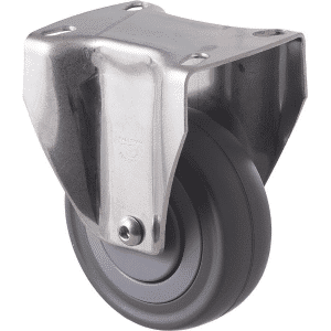 M Series castor, stainless steel, 100mm energy absorbent grey rubber wheel (low-profile tyre), plain bearing, fixed plate, load rating 140 kg