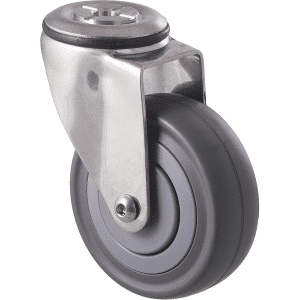 M Series castor, stainless steel, 100mm energy absorbent grey rubber wheel (low-profile tyre), plain bearing, swivel bolt hole, load rating 140 kg