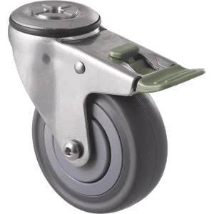 M Series castor, stainless steel, 100mm energy absorbent grey rubber wheel (low-profile tyre), plain bearing, swivel bolt hole, direction lock, load rating 140 kg