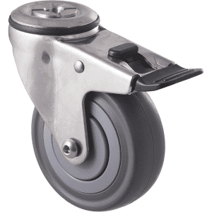M Series castor, stainless steel, 100mm energy absorbent grey rubber wheel (low-profile tyre), plain bearing, swivel bolt hole, total brake, load rating 140 kg