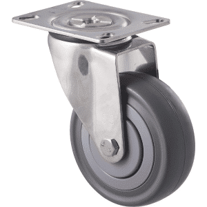 M Series castor, stainless steel, 100mm energy absorbent grey rubber wheel (low-profile tyre), plain bearing, swivel plate (hex bolt axle), load rating 140 kg