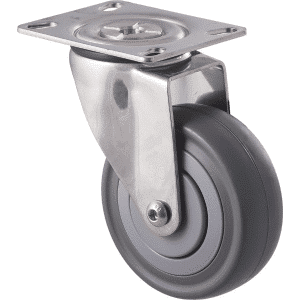 M Series castor, stainless steel, 100mm energy absorbent grey rubber wheel (low-profile tyre), plain bearing, swivel plate, load rating 140 kg