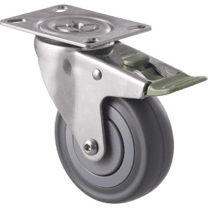 M Series castor, stainless steel, 100mm energy absorbent grey rubber wheel (low-profile tyre), plain bearing, swivel plate, direction lock, load rating 140 kg