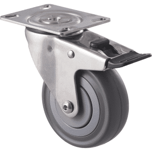 M Series castor, stainless steel, 100mm energy absorbent grey rubber wheel (low-profile tyre), plain bearing, swivel plate, total brake, load rating 140 kg