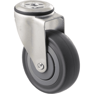 M Series castor, 100mm energy absorbent grey rubber wheel (low-profile tyre), plain bearing, swivel bolt hole black seal & pedal, Chicago screw axle, load rating 140 kg