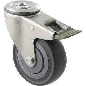 M Series castor, 100mm energy absorbent grey rubber wheel (low-profile tyre), plain bearing, swivel bolt hole, direction lock, load rating 140 kg