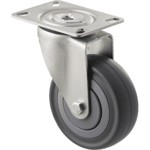 M Series castor, 100mm energy absorbent grey rubber wheel (low-profile tyre), plain bearing, swivel plate, black seal & pedal, load rating 140 kg