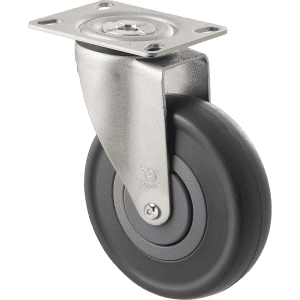 M Series castor, 125mm energy absorbent grey rubber wheel (low-profile tyre), plain bearing, swivel plate, black seal & pedal, Chicago screw axle, 150 kg load
