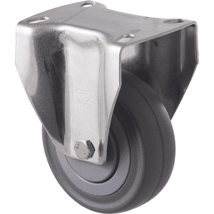 M Series castor, stainless steel, 100mm energy absorbent grey rubber wheel (low-profile tyre), precision bearing, fixed plate (hex bolt axle), load rating 140 kg
