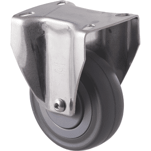 M Series castor, stainless steel, 100mm energy absorbent grey rubber wheel (low-profile tyre), precision bearing, fixed plate, load rating 140 kg