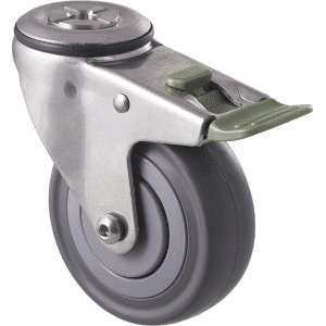 M Series castor, stainless steel, 100mm energy absorbent grey rubber wheel (low-profile tyre), precision bearing, swivel bolt hole, direction lock, load rating 140 kg