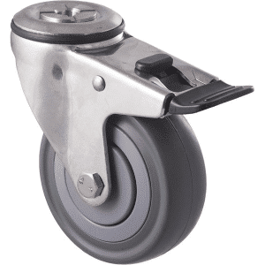 M Series castor, stainless steel, 100mm energy absorbent grey rubber wheel (low-profile tyre), precision bearing, swivel bolt hole (hex bolt axle), load rating 140 kg