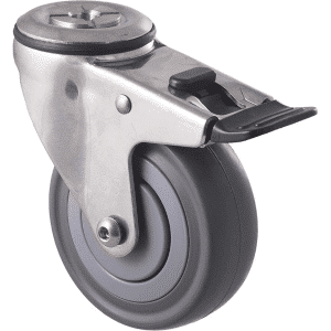 M Series castor, stainless steel, 100mm energy absorbent grey rubber wheel (low-profile tyre), precision bearing, swivel bolt hole, load rating 140 kg