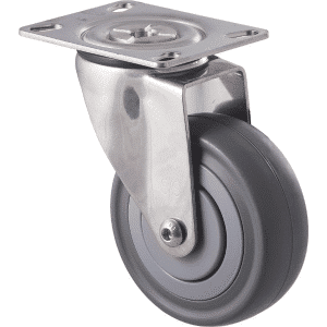 M Series castor, stainless steel, 100mm energy absorbent grey rubber wheel (low-profile tyre), precision bearing, swivel plate, load rating 140 kg