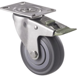 M Series castor, stainless steel, 100mm energy absorbent grey rubber wheel (low-profile tyre), precision bearing, swivel plate, direction lock (hex bolt axle), load rating 140 kg