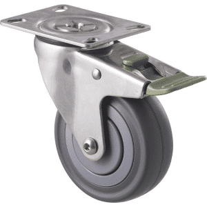 M Series castor, stainless steel, 100mm energy absorbent grey rubber wheel (low-profile tyre), precision bearing, swivel plate, direction lock, load rating 140 kg