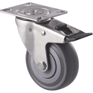 M Series castor, stainless steel, 100mm energy absorbent grey rubber wheel (low-profile tyre), precision bearing, swivel plate, total brake, (hex boltaxle), load rating 140 kg
