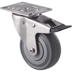 M Series castor, stainless steel, 100mm energy absorbent grey rubber wheel (low-profile tyre), precision bearing, swivel plate, load rating 140 kg