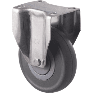 M Series castor, stainless steel, 125mm energy absorbent grey rubber wheel (low-profile tyre), precision bearing, fixed plate (hex bolt axle), 150 kg load