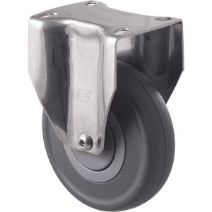 M Series castor, stainless steel, 125mm energy absorbent grey rubber wheel (low-profile tyre), precision bearing, fixed plate, 150 kg load