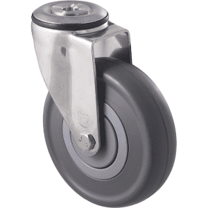 M Series castor, stainless steel, 125mm energy absorbent grey rubber wheel (low-profile tyre), precision bearing, swivel bolt hole (hex bolt axle), 150 kg load