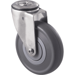 M Series castor, stainless steel, 125mm energy absorbent grey rubber wheel (low-profile tyre), precision bearing, swivel bolt hole, 150 kg load