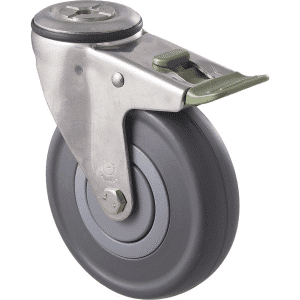 M Series castor, stainless steel, 125mm energy absorbent grey rubber wheel (low-profile tyre), precision bearing, swivel bolt hole, direction lock (hex bolt axle), 150 kg load