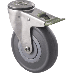 M Series castor, stainless steel, 125mm energy absorbent grey rubber wheel (low-profile tyre), precision bearing, swivel bolt hole, 150 kg load
