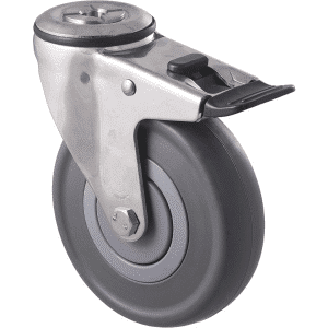 M Series castor, stainless steel, 125mm energy absorbent grey rubber wheel (low-profile tyre), precision bearing, swivel bolt hole, total brake, (hex bolt axle), 150 kg load