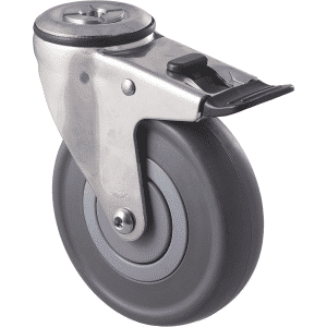 M Series castor, stainless steel, 125mm energy absorbent grey rubber wheel (low-profile tyre), precision bearing, swivel bolt hole, total brake, 150 kg load